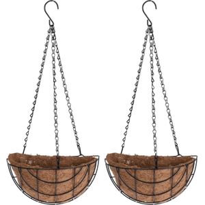 2x stuks metalen hanging baskets / plantenbakken halfrond zwart met ketting 31 cm - hangende bloemen