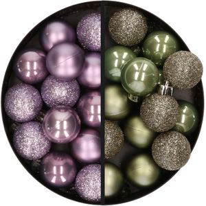 28x stuks kleine kunststof kerstballen lila paars en legergroen 3 cm