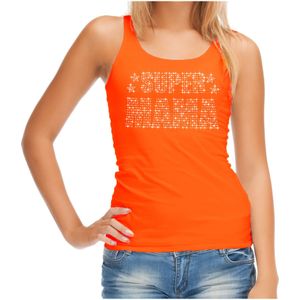 Glitter Super Mama tanktop oranje Moederdag cadeau rhinestones steentjes voor dames