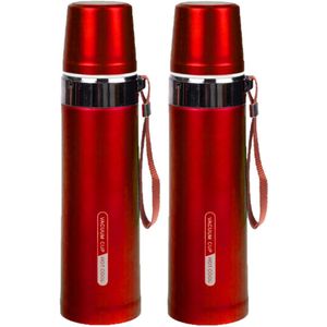 2x stuks thermosfles / isoleerfles RVS met bandje voor onderweg 750 ml rood