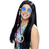 Dames Flower Power Hippie Sixties verkleed set pruik en bril en peace ketting