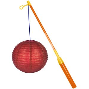 Lampionstokje 39 cm - met lampion - rode glitters - D25 cm
