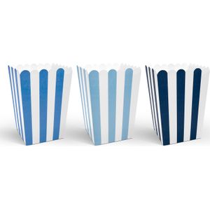 6x stuks gestreepte popcorn/snoep bakjes blauw