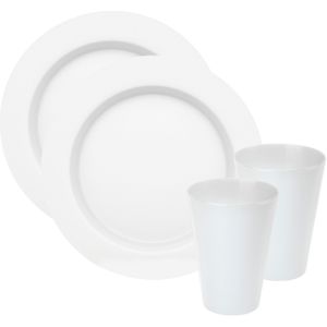 Servies set - 12x borden en drinkbekers - wit- kunststof - herbruikbaar