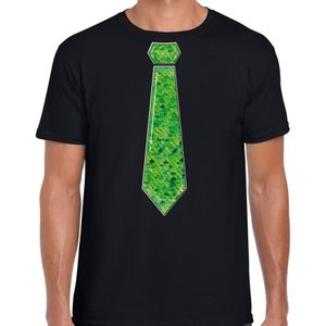 Verkleed t-shirt voor heren - stropdas groen - pailletten - zwart - carnaval - foute party