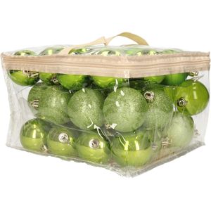 48x stuks kunststof kerstballen appel groen 6 cm in opbergtas/opbergbox