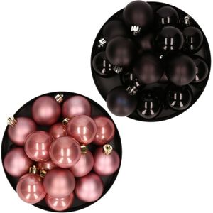 Kerstversiering kunststof kerstballen mix zwart/ oud roze 4 en 6 cm pakket van 80x stuks