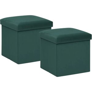 Poef/krukje/hocker Amber - 2x - Opvouwbare zit opslag box -  fluweel smaragd groen - D38 x H38 cm