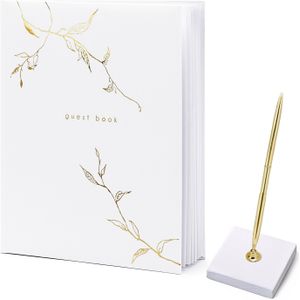 Gastenboek/receptieboek met luxe pen in houder - Bruiloft - wit/goud - 20 x 24,5 cm