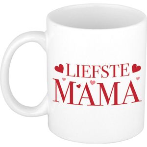 Liefste mama mok / beker wit met rode tekst en hartjes - cadeau Moederdag / verjaardag