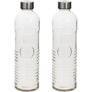 Waterflessen/drinkflessen - 2x - D8 x H29 cm - 1 liter - ribbel glas