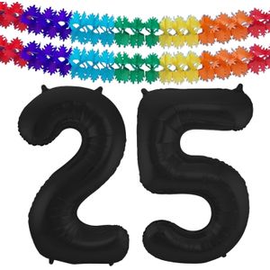 Grote folie ballonnen cijfer 25 in het zwart 86 cm en 2x feestslingers