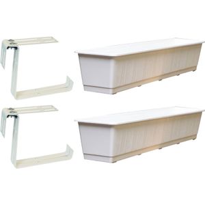 Set van 3 Kunststof Plantenbakken Wit Rechthoekig 80 cm met 6 Verstelbare Railing Beugels