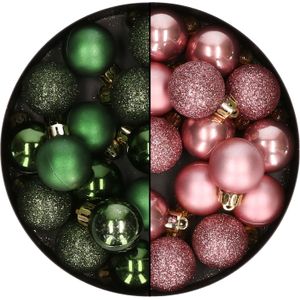 28x stuks kleine kunststof kerstballen velvet roze en dennengroen 3 cm