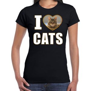I love cats t-shirt met dieren foto van een bruine kat zwart voor dames