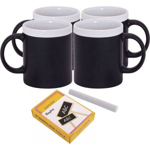Setje van 4x krijtbordje Koffie/thee mokken wit met pakje krijt