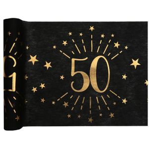 2x Zwarte tafellopers 50 jaar verjaardag 500 cm op rol feestversiering