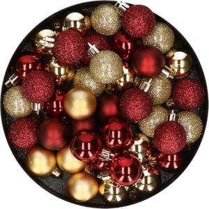 Kleine kunststof kerstversiering 40x stuks set en 3 cm kerstballen in het goud en donkerrood