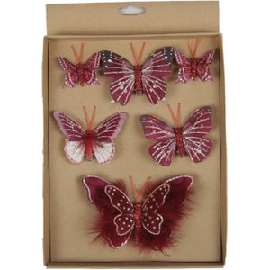 6x stuks decoratie vlinders op clip donkerrood 5, 8 en 12 cm