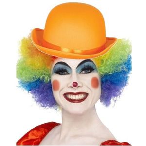 Clown verkleed set gekleurde pruik met bolhoed oranje