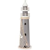 H&S Collection Maritieme decoratie beeldje Vuurtoren - Hout - 11 x 37 cm - grijs/wit