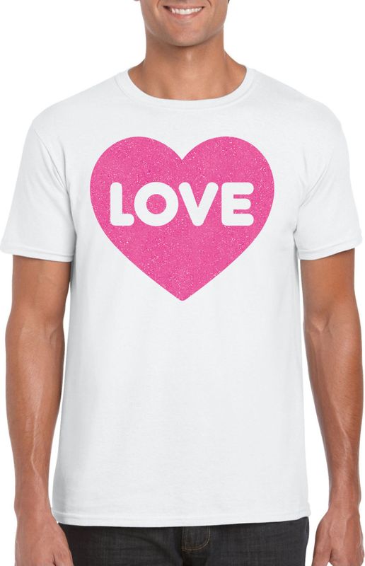 Bellatio Decorations Gay Pride T-shirt voor heren - liefde love - wit - roze glitter hart - LHBTI