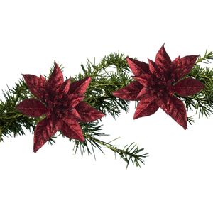 2x stuks kerstboom decoratie glitter bloemen op clip donkerrood 8 cm