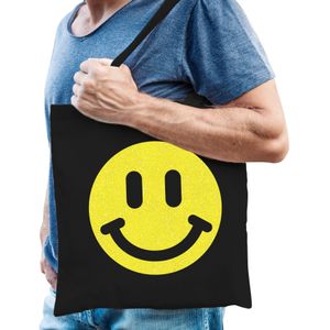 Cadeau tas voor heren - glitter smiley - zwart - katoen - 42 x 38 cm - Vaderdag - verjaardag
