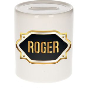 Naam cadeau spaarpot Roger met gouden embleem