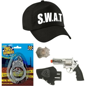 Politie/SWAT team verkleed cap/pet blauw met pistool/holster/badge voor kinderen