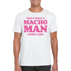 Foute party t-shirt voor heren - macho man - wit - glitter roze - carnaval/themafeest