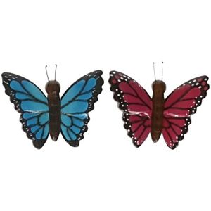 2x Houten dieren magneten blauwe en roze vlinder