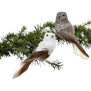 Kerstboomversiering vogels op clip - 6x st - grijs/wit - 17 cm - kunststof