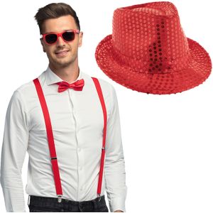 Carnaval verkleedset Supercool - hoedje/bretels/bril/strikje - rood - heren/dames - glimmend