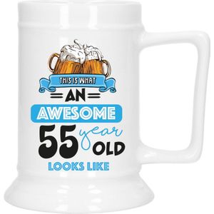 Cadeau Bierpul voor 55 jaar - blauw - grappige leeftijd bierpul - keramiek - 530 ml