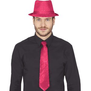 Carnaval verkleed stropdas en hoed - neon roze - pailletten - volwassenen - verkleed accessoires