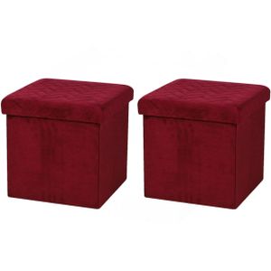 Poef/hocker - 2x - opbergbox zit krukje - velvet rood - polyester/mdf - 38 x 38 cm - opvouwbaar