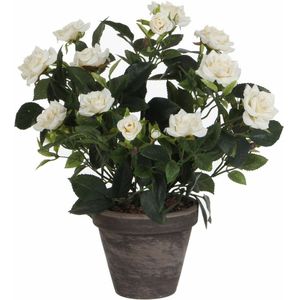 Witte Rosa/rozen kunstplant 33 cm in grijze pot