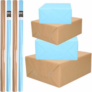 8x Rollen kraft inpakpapier/kaftpapier pakket bruin/lichtblauw 200 x 70 cm