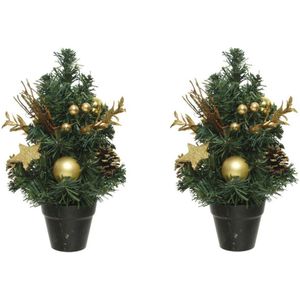 2x stuks mini kunst kerstbomen/kunstbomen met gouden versiering 30 cm
