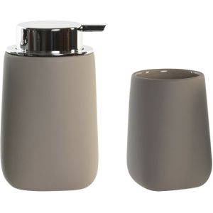 Items badkamer accessoires set drinkbeker/zeeppompje 14 cm - taupe