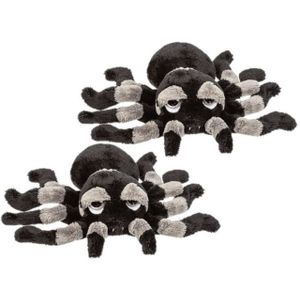 2x stuks pluche grijs met zwarte spin knuffel 13 cm - Spinnen insecten knuffels - Speelgoed voor kinderen