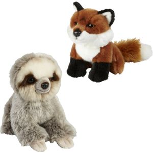 Knuffeldieren set vos en luiaard pluche knuffels 18 cm