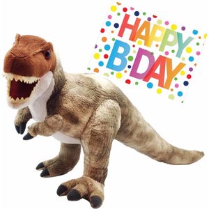 Pluche knuffel Dino T-rex van 48 cm met A5-size Happy Birthday wenskaart