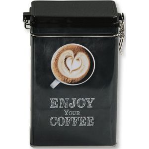 Koffie bewaarblik voor bonen - Enjoy your coffee - metaal - zwart - clipdeksel - 14 x 8 x 19 cm