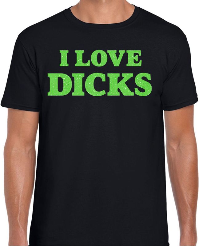 Foute party t-shirt voor heren - I love Dicks - zwart - glitter groen - carnaval/themafeest