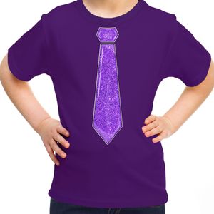Verkleed t-shirt voor kinderen - glitter stropdas - paars - meisje - carnaval/themafeest kostuum