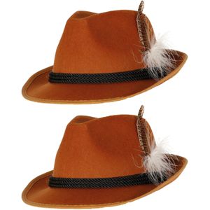 Tiroler/oktoberfest hoedje voor heren - 2x - verkleed accessoires - bruin - met veer