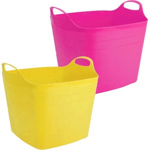 Voordeelset van 2x stuks kunststof flexibele emmers/wasmanden/kuipen 40 liter in het roze/geel