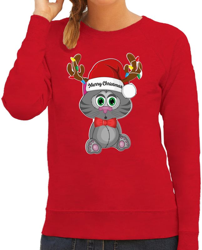 Foute Kersttrui/sweater voor dames - Merry Christmas - rood - kerstpoesje - kerst cadeau